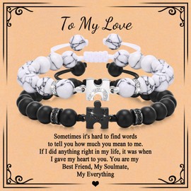 VNOX Matching Couples Bracelets Couple Gifts for Boyfriend Girlfriend Valentine's Day Anniversary Birthday Adjustable White Turquoise Agate Bead Long Distance Promise Bracelets Gifts for Husband