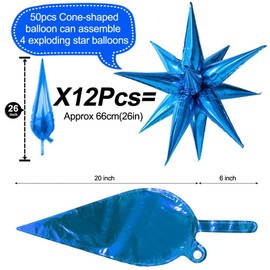 50 Pcs Blue Foil Cone Star Balloons Big 26 inch Dark Blue Explosion Star Mylar Balloons 12 Point 3D Starburst Star Balloons for Party Supplies Christmas Birthday Wedding Decorations Party Supplies