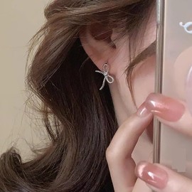 Solid 925 Sterling Silver Bow Hoop Earrings for Women Small Bowknot Hoop Earrings Cartilage Helix Earrings (Silver, One size)