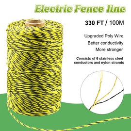 330 Feet Electric Fence Polywire, 100 Meters 1/8" Diameter Portable Electric Fencing Poly Wire Rope Line 6 Steel Strands for Reliable Conductivity & Rust Resistance