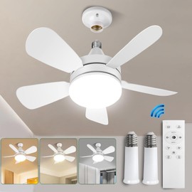 Socket Fan Light with Remote and 2 Socket Extenders, Socket Ceiling Fan Light with Dimmable LED 3 Colors 3000K-6000K, E26 Screw Socket Fan, 2000 Lumens, Ceiling Fan for Bedroom Kitchen Garage (White)