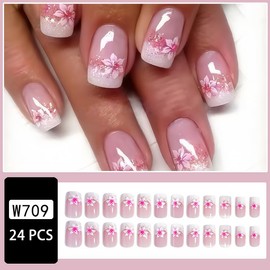 24Pcs French Tip Press on Nails Short Square Fake Nails Pink with Flower Full Cover Tip Glue on Nails Design Artificial Nude Pink False Nails Supplies Stick on Nails Acrylic for Women Nail Art