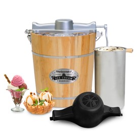 Elite Gourmet EIM402 Old Fashioned 4 Quart Vintage Wood Bucket Electric Ice Cream Maker Machine, Bonus Classic Die-Cast Hand Crank for Churning, Uses Ice and Rock Salt Churns Ice Cream in Minutes