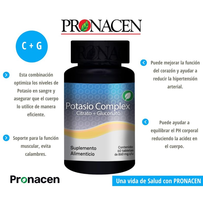 PRONACEN Potasio Complex 60 tabletas | Citrato + Gluconato