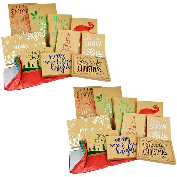 ALEF 20 Pack Christmas Kraft Gift Boxes and Tissue Paper Bundle with Foil Designs (20 Pack)