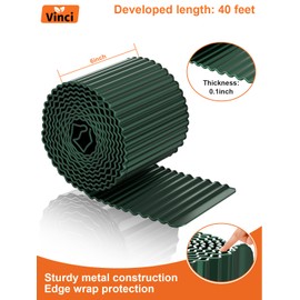 Vinci Garden Landscape Edging Border, 6 Inch x 40 FT Corrugated Sturdy Metal Easy Installation Safe Hemmed Lawn Garden Border Edges for DIY Flower Beds, Pathways and Patio Design (Green)