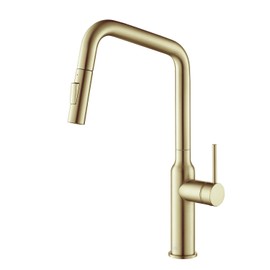 KIBI Macon Single Handle Pull Down Faucet for Kitchen Sink | Solid Brass High Arc Faucet Spout | 360 Degree Swivel Kitchen Faucet with Pull Down Sprayer (Brushed Gold) (KKF2007)