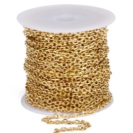 33 Feet Gold Rolo Cable Chain Bulk, 3.0mm 18K Gold PVD Plated 304 Stainless Steel Diamond-Cut Oval Rolo Cable Link Chains Roll Spool for Jewelry Making