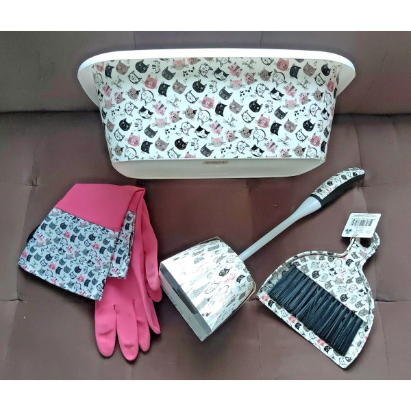 KOLORAE CAT KITTIES WASH BASIN TOILET BRUSH & CADDY GLOVES