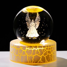 60mm 3D Angel Figurine Crystal Ball Paperweight with Warm Light Stand, Guardian Angel Memorial Gifts for Women Men, Angel Sympathy Collectible Centrepiece Ornament