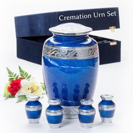 GR8 Large Blue Marble Finish Cremation Urn with 4 Small Keepsake Urns - Urn for Ashes Adult Male - Urn for Ashes for Women - Recycled Aluminum Cremation Urn - Urns for Ashes - Urns - Decorative Urns