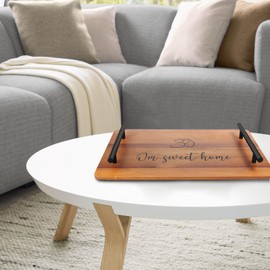 Tray for Ottoman Coffee Table, Om Sweet Home Large Modern Decorative Rectangular Serving Wood Decor with Metal Handles Elegant Living Room Kitchen Boho Diwali (Black Handles)