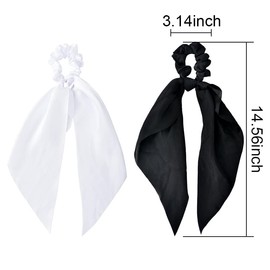 Hair Bow Scrunchies Ribbon Hair Scarf for Women Scrunchy Hair Ties with Ribbons Ponytail Holders Black White Satin Hair Scrunchies for Girls 2Pcs Hair Bow Scarf Elastic Hair Tie Hair Ribbon Scrunchie