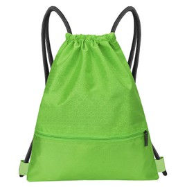 Drawstring Backpack Bag, Waterproof Draw String Back Sack with Zip Pocket, Gym Drawstring Bags Swim Bag for Men Women (Green, Upgraded) One Size