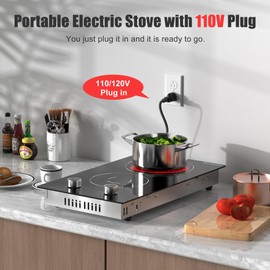 Karienvir 2 Burner Electric Cooktop, 12 Inch Countertop & Built-in Electrical Stovetop, 110V Electric Stove with Plug, Knob Control, 9 Power Level, 2000W(1400W+600W)