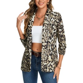 MINTLIMIT Women Blazer Jacket Elegant Notched Lapel for Formal Occasions Tops Coat Outerwear (Leopard-Yellow Brown L)