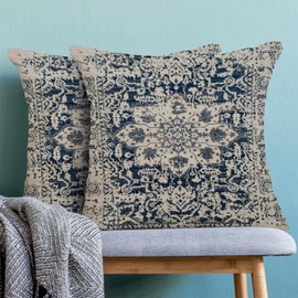AEIOAE Boho Pillow Covers 20x20 Inch Set of 2,Carpet Pattern Throw Pillows Case,Navy Blue Beige Ethnic Design Outdoor Decorative Square Linen Farmhouse Decor Cushion Covers for Home Sofa Bed Couch