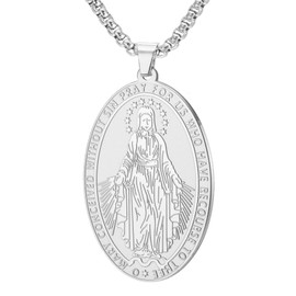 TEAMER Unique Virgin Mary Rosary Necklace Pendant Chain Box Mother Mary Jewellery Religious Faith Amulet for Men and Women, 44*27mm, Stainless Steel, No Gemstone