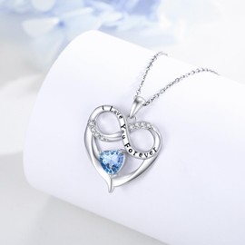 TANGPOET Heart Necklace for Women Girls Sterling Silver March Aquamarine Birthstone Pendant I Love You Forever Engraved Jewellery Gifts for Mom Wife Girlfriends on Mothers Day Birthday Anniversary