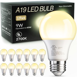 TJOY 12 Pack A19 LED Light Bulbs, 60 Watt Equivalent LED Bulb, Efficient 9W, Soft White 2700K, E26 Standard Base, Non Dimmable Energy Saving Light Bulb, 800LM, 80 CRI, 120V, UL Listed