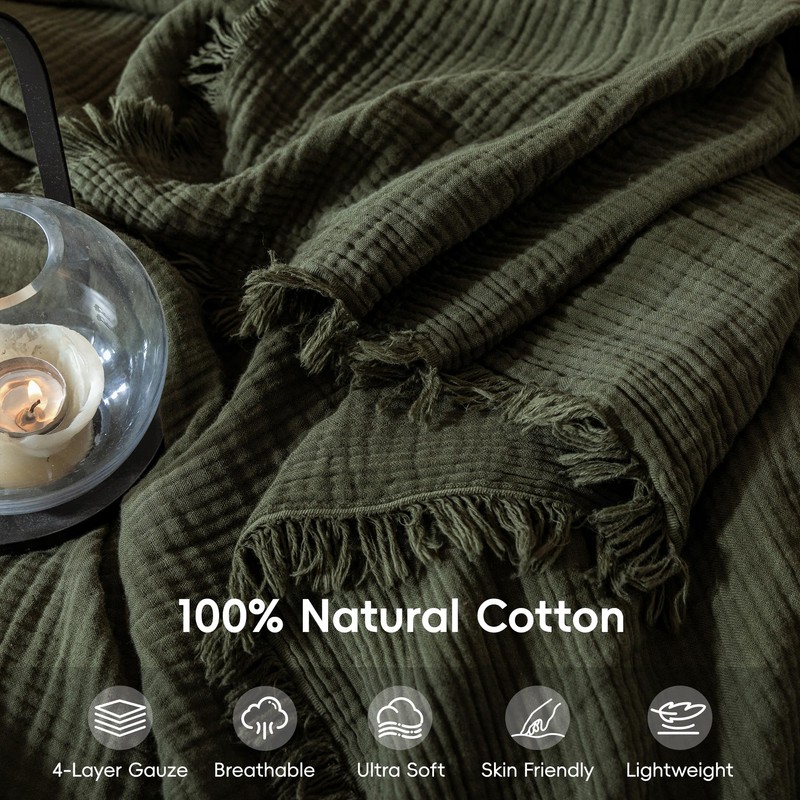 XINJU Muslin Fringe Blankets for Adults: 100% Cotton Cloud Soft