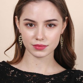 Bohemian Wood And Leopard Printed Pentagon Shaped Drop Statement Earrings
