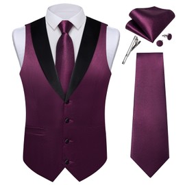 DiBanGu Dark Purple Vest for Men Formal Solid Color Satin Suit Waistcoat Tie and Pocket Square Set Plum Purple Shawl Lapel Dress Vest for Wedding Business