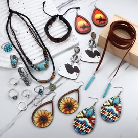 JOERICA Western Jewelry for Women Bohemian Turquoise Jewelry Set Turquoise Pendant Choker Necklaces Western Turquoise Hoop Dangle Earrings Faux Leather Cuff Bracelet Turquoise Joint Knuckle Rings