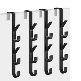 KEGOZ Over The Door Hooks, 4Pcs Stainless Steel OverDoor Hook Towel Hanger, 5 Hooks Door Hanger Hook for Bathroom Clothes Coat Hats Bags Towel(Black)