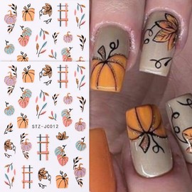 Fall Pumpkin Nail Art Stickers Decals 3D Colorful Autumn Leaf Lattice Nail Stickers 2PCS Cute Pumpkin Leaves Thanksgiving Nail Design Adhesive Sliders for Women Fall Party DIY Manicure Nail Decoration