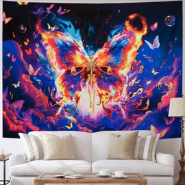 Obsecolors Blacklight Butterfly Tapestry UV Reactive Galacy Space Tapestry Trippy Skull Tapestry Fantasy Purple Sky Wall Tapestry Aesthetic Neon Nebula Tapestry Wall Hanging for Bedroom
