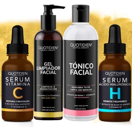 Kit 4 Pasos Quotidien: 1 Limpiador Facial 235ml 1 Tnico Facial 350ml 1 Serum Vitamina C 30ml 1 Serum cido Hialurnico 30ml Skincare Kit con Ingredientes Naturales Limpia Profundamente, Equilibra el Ph, Cierra Poros, Aclara, Mejora la Textura, Firmeza, Toni