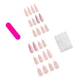 24 Pcs French Tip Press on Nails Long RIICFDD Almond Nail Press on with Flower Rhinestone Nail Charms Designs False Nails Pink Nails Full Cover Glossy Fake Nails for Women Acrylic Nails