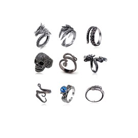 BYONDEVER Vintage Punk Silver Black Chinese Dragon Snake Dragon Claw Skull Rings Jewelry Gothic Alloy Open Adjustable(9PCS)
