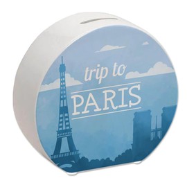 Money Box with Beautiful Motif and Text – Trip to Paris in Blue Money Box for the Next City Trip to Paris as a Gift for People Who Like to Travel Around the World