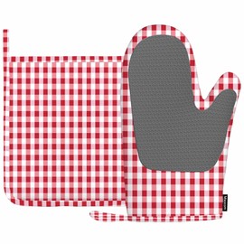 Mxocom Gingham Red White Checked Tartan Heat-Resistant Oven Mitts and Pot Holder Abstract Lattice Criss-Crossed Kitchen Non-Slip Cooking Microwave Gloves for Cooking Baking Grilling