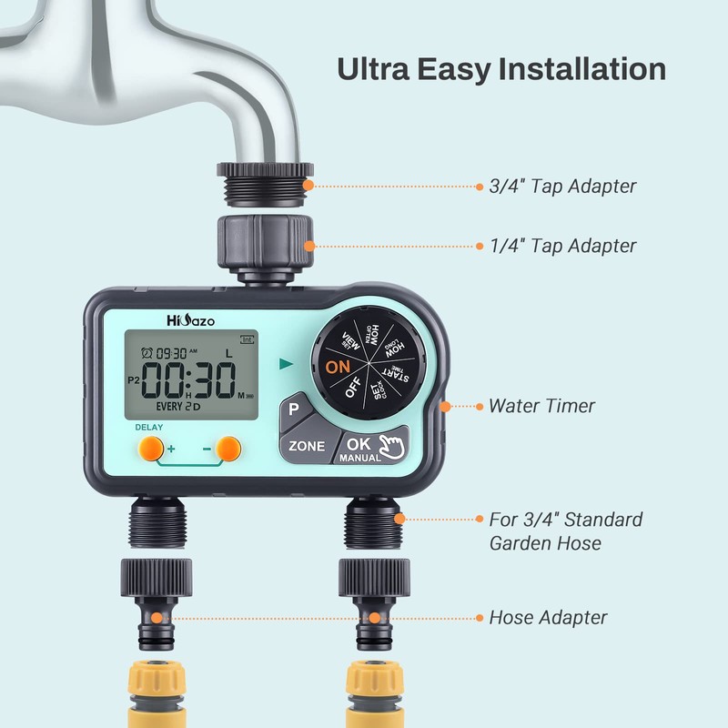 HiOazo Irrigation Computer, 2 Outputs, 6 Schedules, Automatic/Manual Irrigation Control,