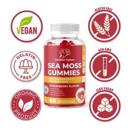 Healthier Options Irish Sea Moss Gummies with Bladderwrack & Burdock Root 5680 Mg | 60 Gummies | Apple Flavour | Vitamins & Minerals | Organic, Natural, Vegan, Gluten Free, Non GMO, High Strength