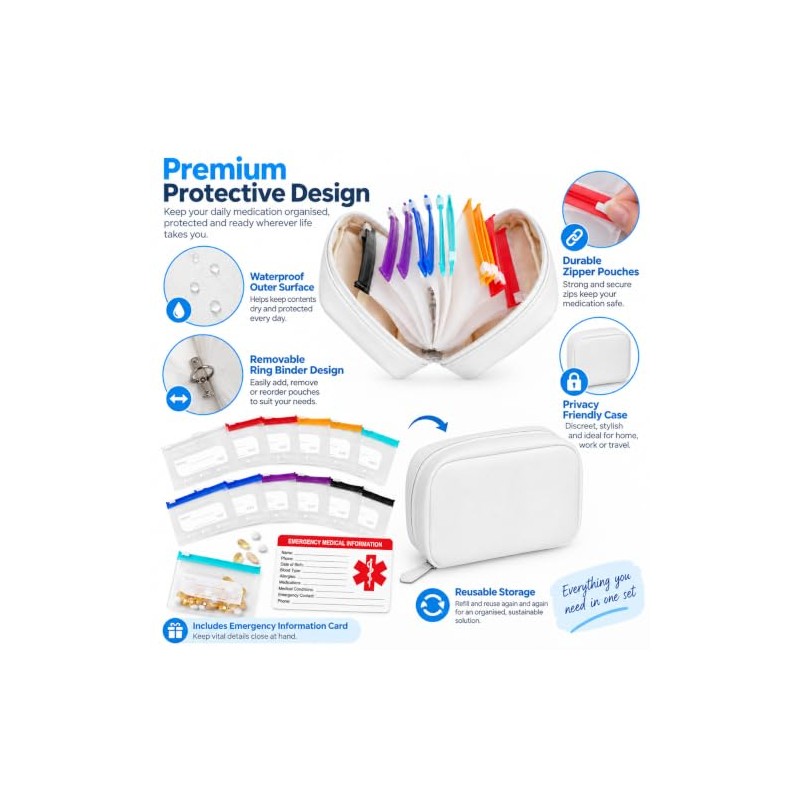 Waterproof Travel Pill Organizer,14 Pouches&Medical Information Card White