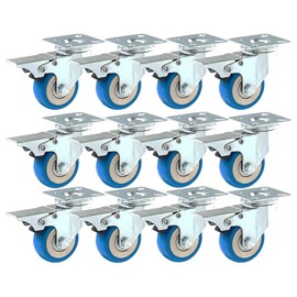12 Pack with Brake Caster Wheels Swivel Plate Casters On Blue Polyurethane Wheels PU