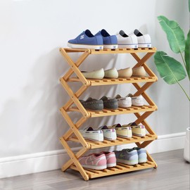 Glsety 5 Tier Bamboo Shoe Rack,Portable Folding Shoe Storage Rack,Without Installation Small Shoe Rack Perfect for Corridors, Bedrooms and Small Spaces (5 Tier)