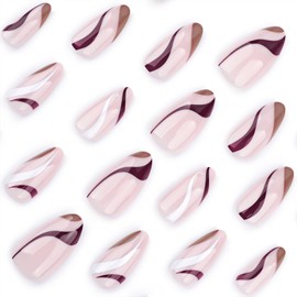 Multicolor Wavy Stripe Glue on Nails Medium Almond Press on Nails Glossy Artificial False Nails Reusable Acrylic Stick on Nails for Women Girls