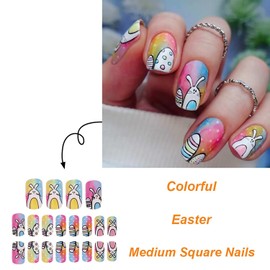 Easter Rabbit Press on Nails Colorful Fake Nails Square Cute Glue on Nails Full Cover Acrylic Nails Easter Eggs Bunny False Nails Medium Length Artificial Nails Reusable Stick on Nails for Women
