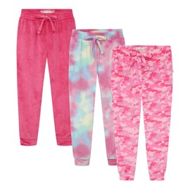 BTween Girl's 3-Pack Velour Jogger Pant Set - Solid, Tie Dye, Camo Sweatpants for Girls, Pink Size 10/12