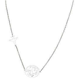 YIQPKUM Cute Airplane Sideways Necklace Stainless Steel World Map Pendant Aircraft Jewelry for Women Stewardess Charms Travel Gifts, Medium, Base Metal, No Gemstone