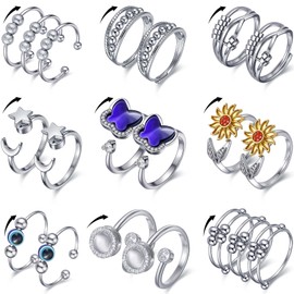 Highergo 20 Pcs Fidget Anxiety Rings for Women Alloy Open Adjustable Fidget Spinner Ring Rotatable Bead Rings for Adults Anxiety Relieving Stress