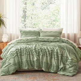 Luxudecor Sage Green Tufted Comforter Set Queen Size 3 Pieces Boho Shabby Chic Comforter Farmhouse Embroidery Bedding Set Soft Comforter for All Seasons (Sage Green, 90''x90'')