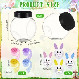 Reallnaive 24 Pcs Easter Buuny Candy Jars Plastic Container for Party Favors Bunny Jars with Lids Clear Cookie Container Chocolate Storage with Paper Card and Ribbon