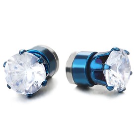 Mens Womens Blue Magnetic Cubic Zirconia Stud Earrings, Steel, Non-Piercing Clip On Cheater Fake Ear