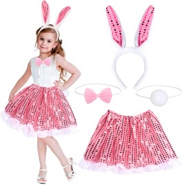 Gigquake Rabbit Costume Children's Set Rabbit Costume Girls Rabbit Fancy Dress Accessories with Rabbit Tutu Skirt Tail Bow Tie Rabbit Ears Headband Carnival Cosplay Animal Dress Rabbit Costume Theme